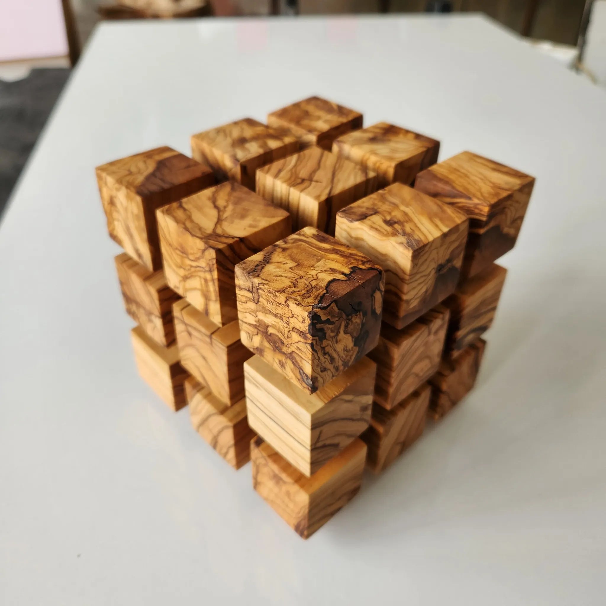 LampArtWorks Handmade Olive Wood Cube LED Night Lamp