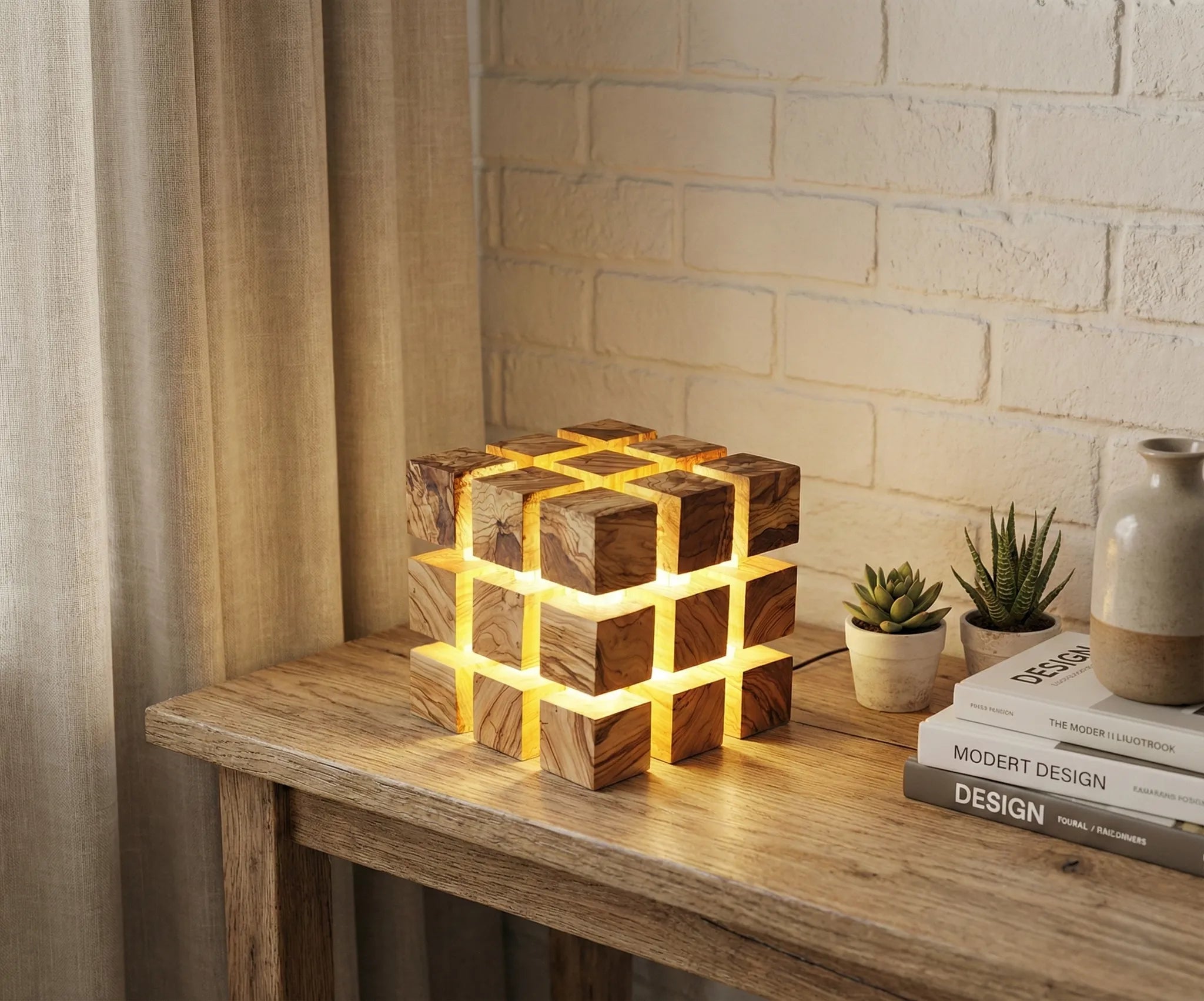 LampArtWorks Handmade Olive Wood Cube LED Night Lamp