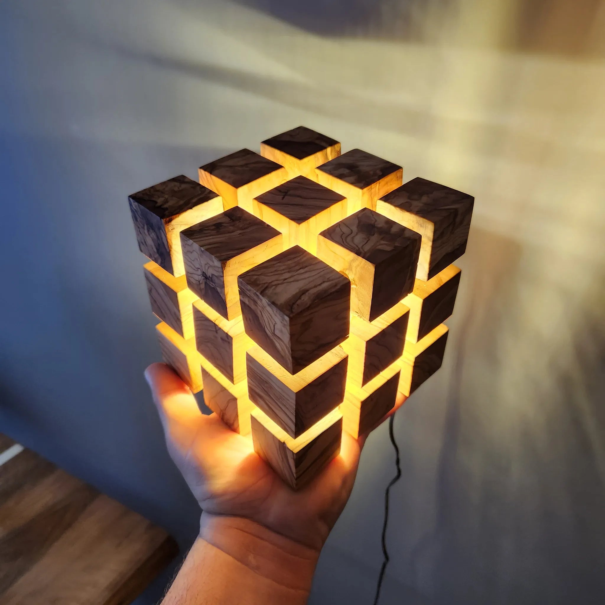 LampArtWorks Handmade Olive Wood Cube LED Night Lamp