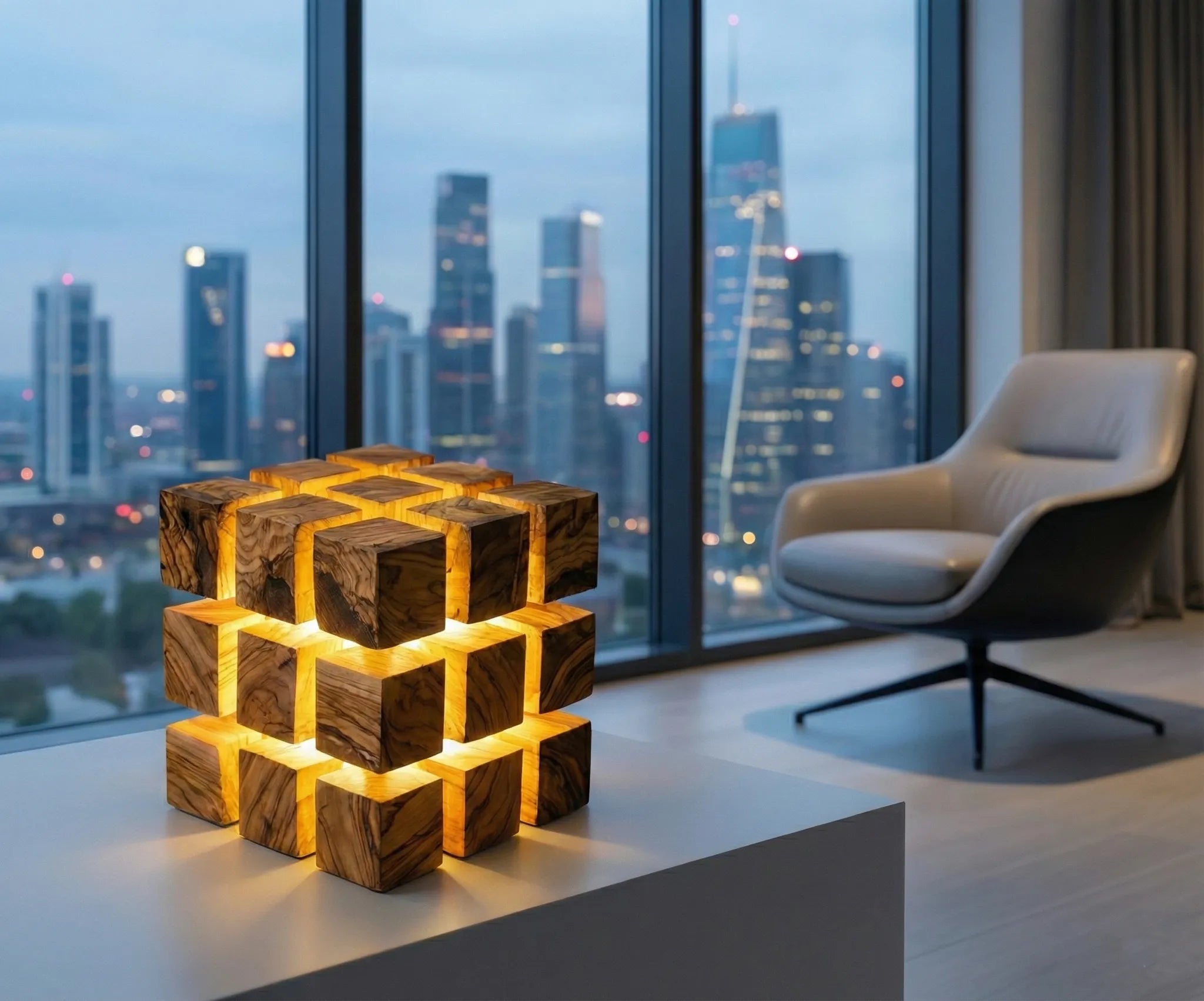 LampArtWorks Handmade Olive Wood Cube LED Night Lamp