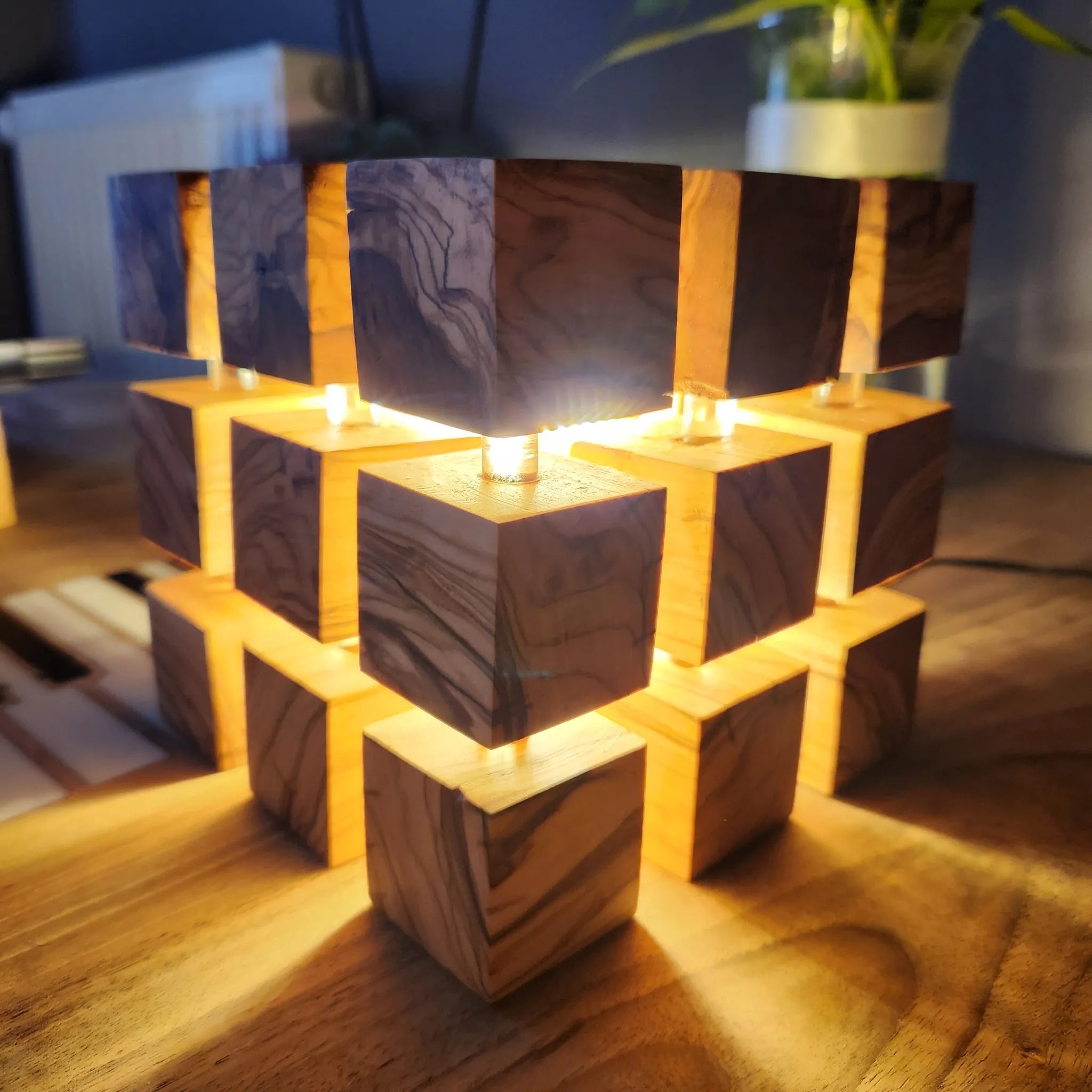 LampArtWorks Handmade Olive Wood Cube LED Night Lamp