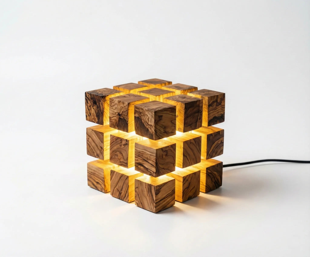 LampArtWorks Handmade Olive Wood Cube LED Night Lamp