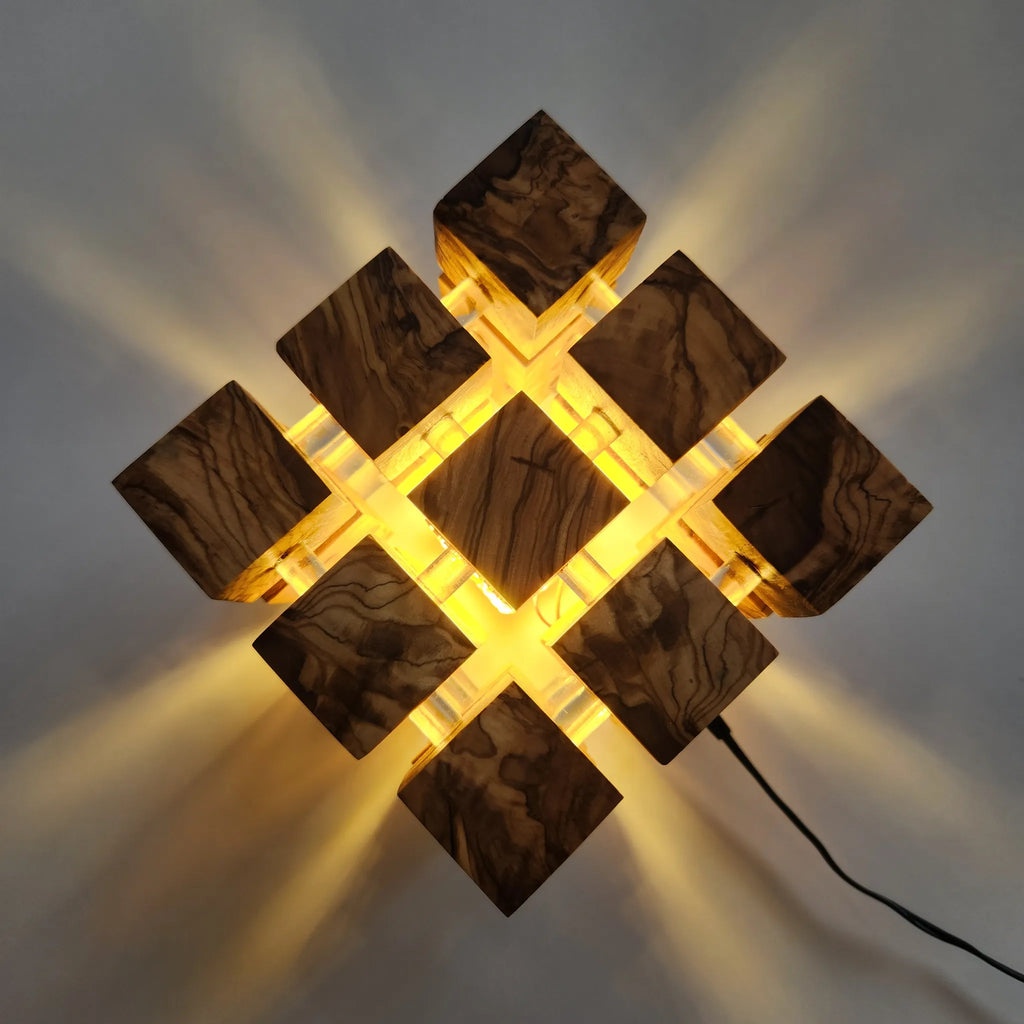 LampArtWorks Handmade Olive Wood Cube LED Night Lamp